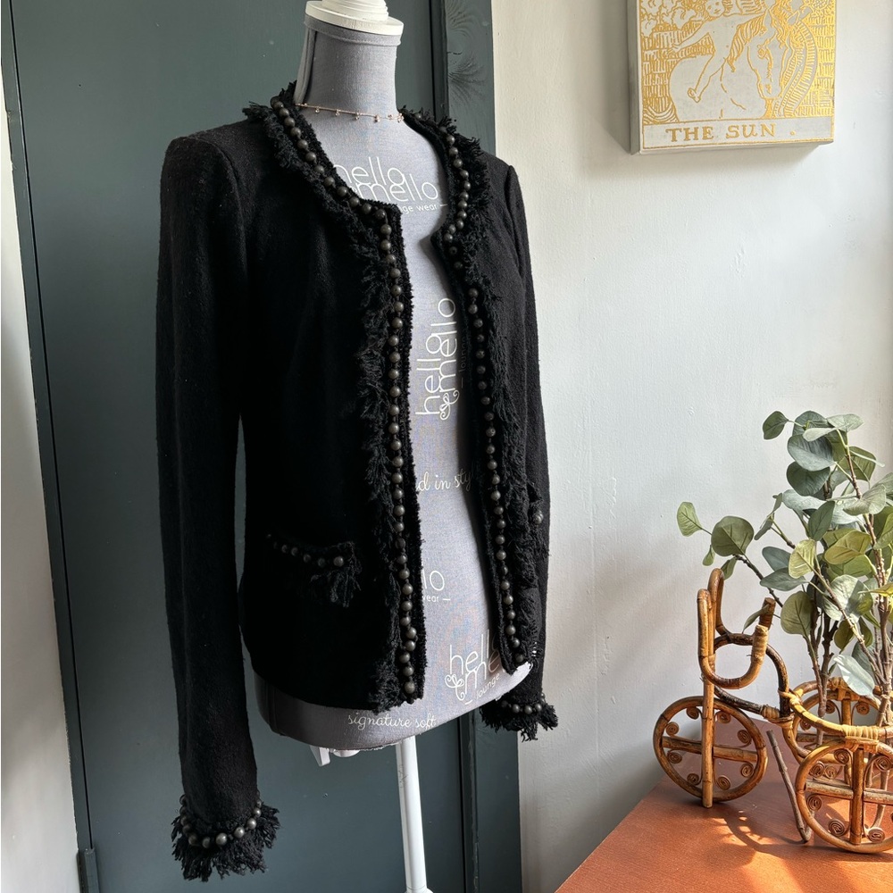 Black wool jacket blazer with pearl details size small ECI